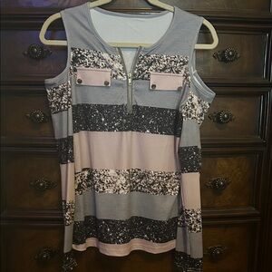 SHEIN Gray and Pink Cold Shoulder Blouse